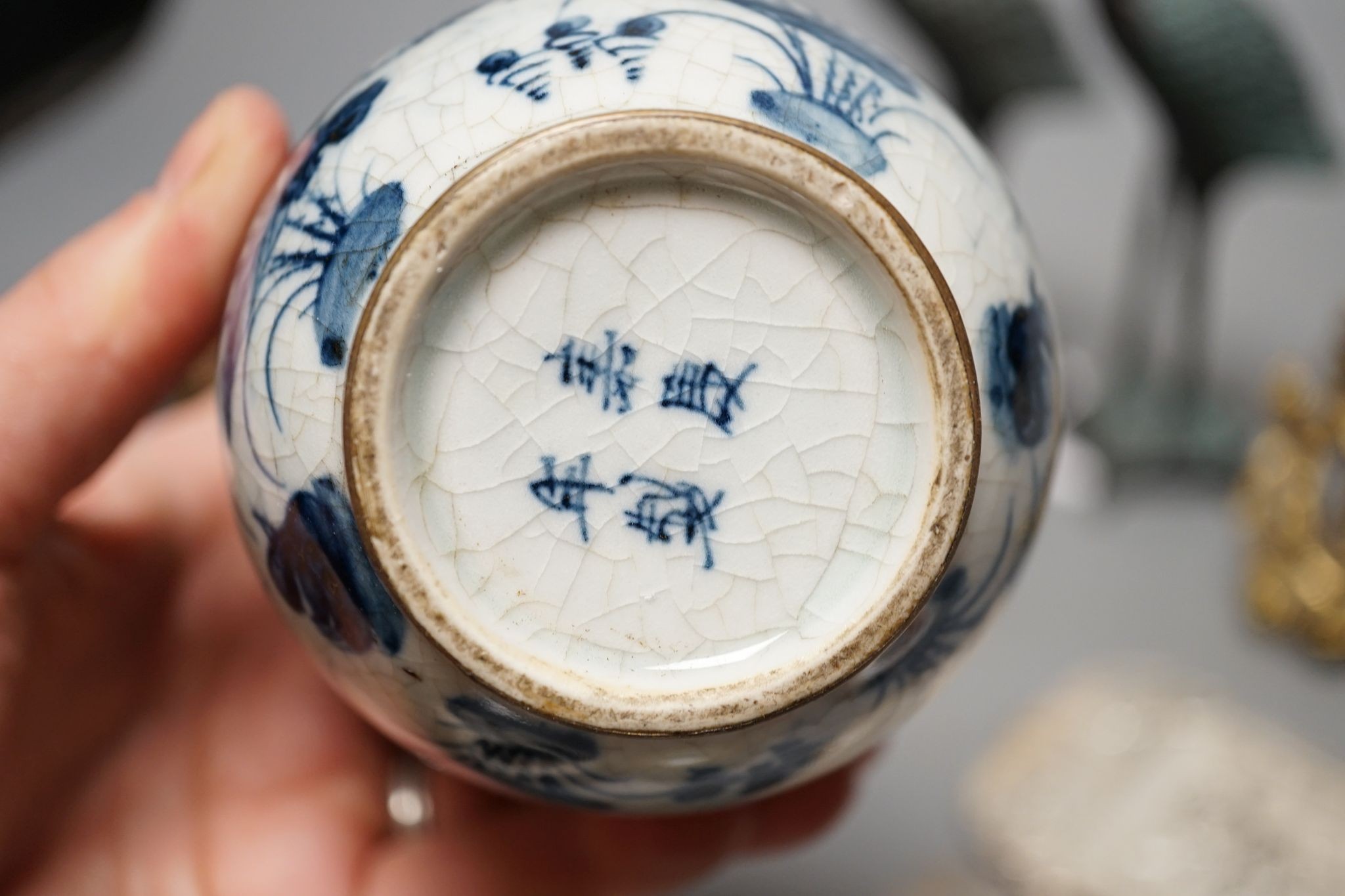 Mixed Chinese ornamental metalware and ceramics, including a pair of storks, 17.5 cms high.